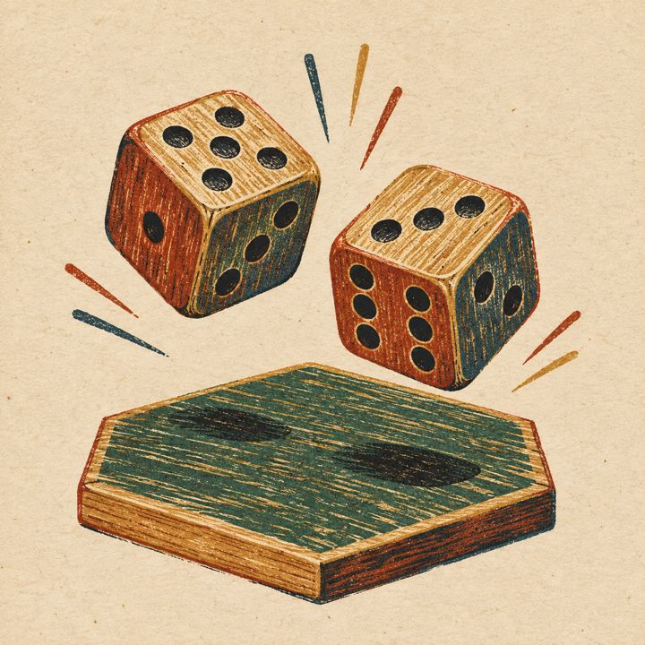 Two carved wooden dice tumbling above a hex tile.