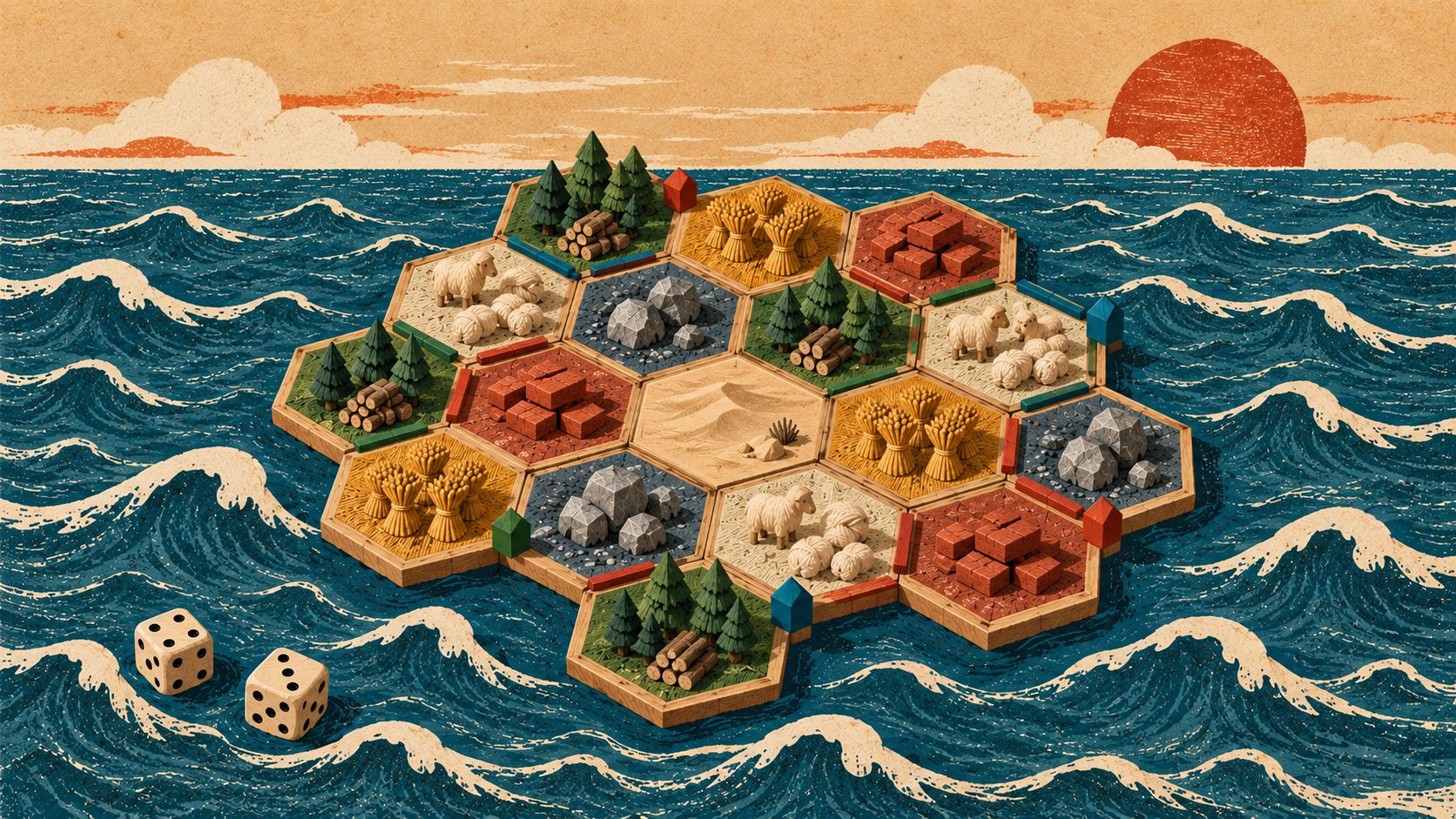 Woodblock print: an island of nineteen carved wooden hex tiles (forest, brick, wool, wheat, ore and a desert) floating on curling teal waves, two dice in the foreground.
