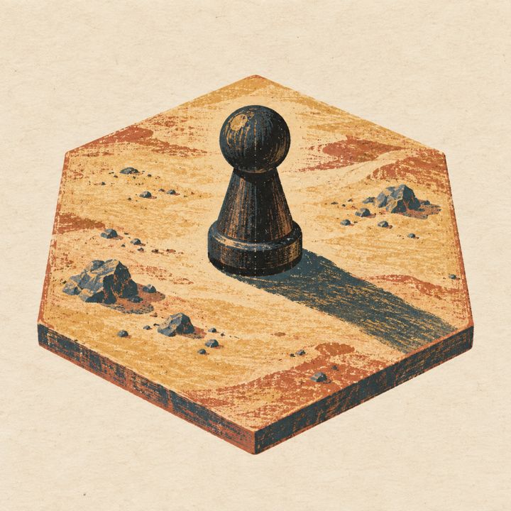 A single dark wooden pawn standing on a pale desert hex, long shadow.