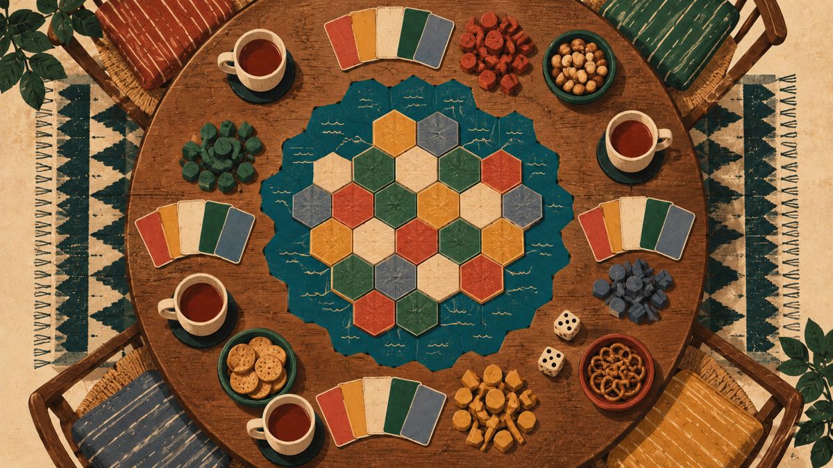 Overhead woodblock print of a round wooden game table: a hex island board, fanned cards at four seats, tea, snacks and dice.