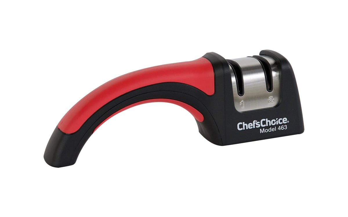 Chef’sChoice Pronto 463 sharpener on white: a black body with two sharpening slots and a curved red-and-black handle