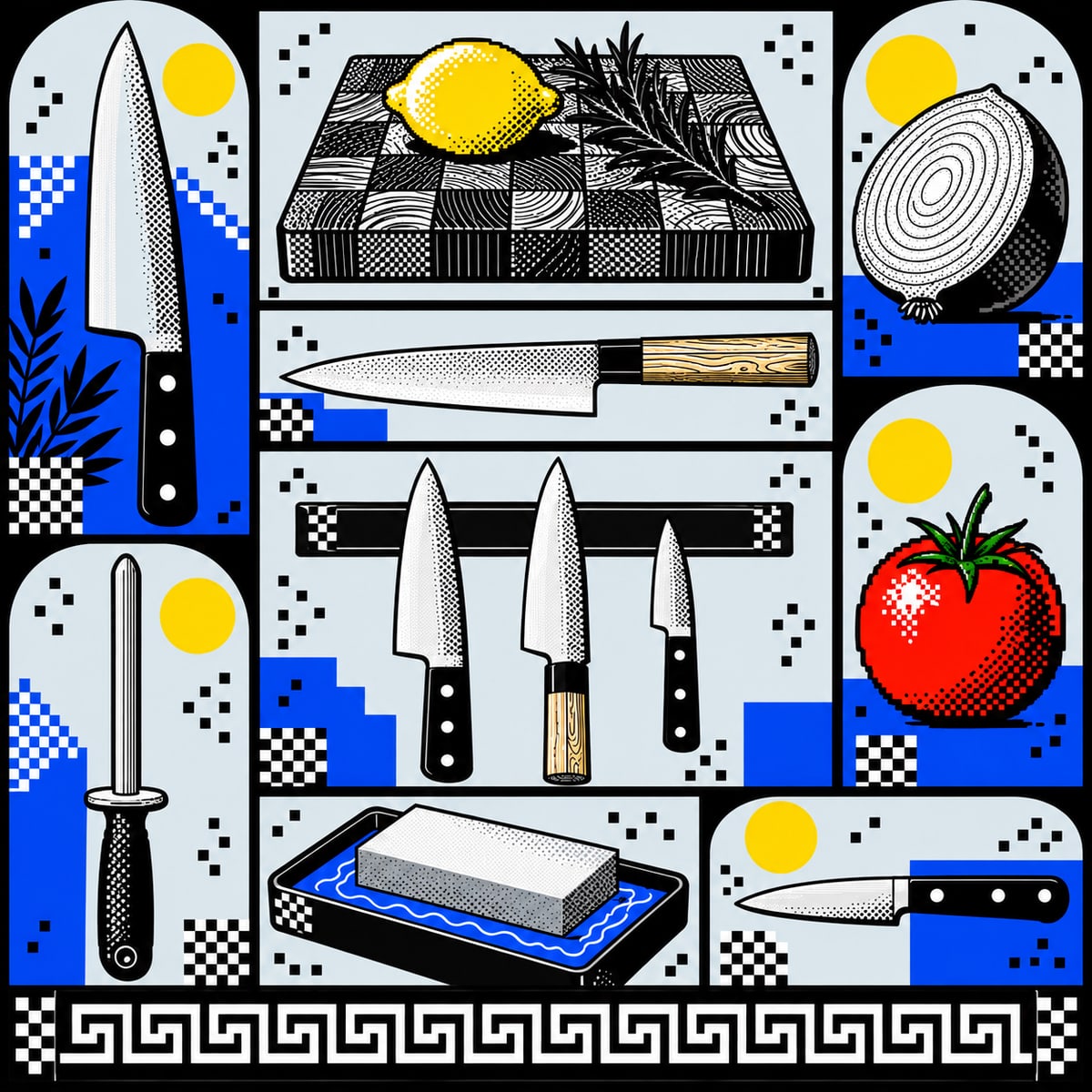 A pixel-dithered specimen sheet in black, cobalt and yellow with one red tomato: a Western chef's knife with a riveted black handle, a Japanese gyuto with a wooden handle, a paring knife, a honing rod, a whetstone in a tray of water, an end-grain cutting board with a lemon and a sprig of herbs, half an onion, and three knives on a magnetic strip.