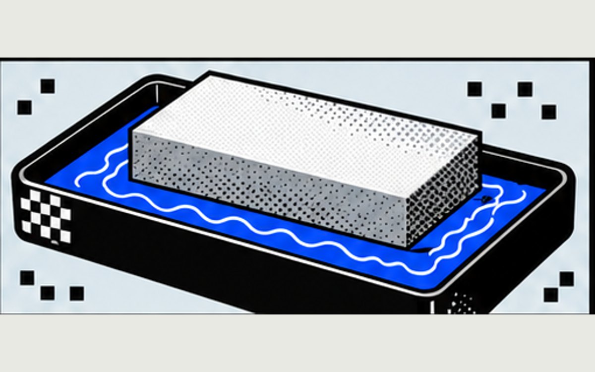 Illustration: a pixel-dithered whetstone sitting in a black tray of cobalt-blue water