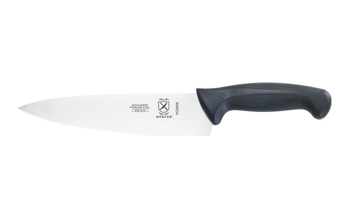 Mercer Millennia chef’s knife on white: a narrow stainless blade with the tip to the left and a black rubberized handle