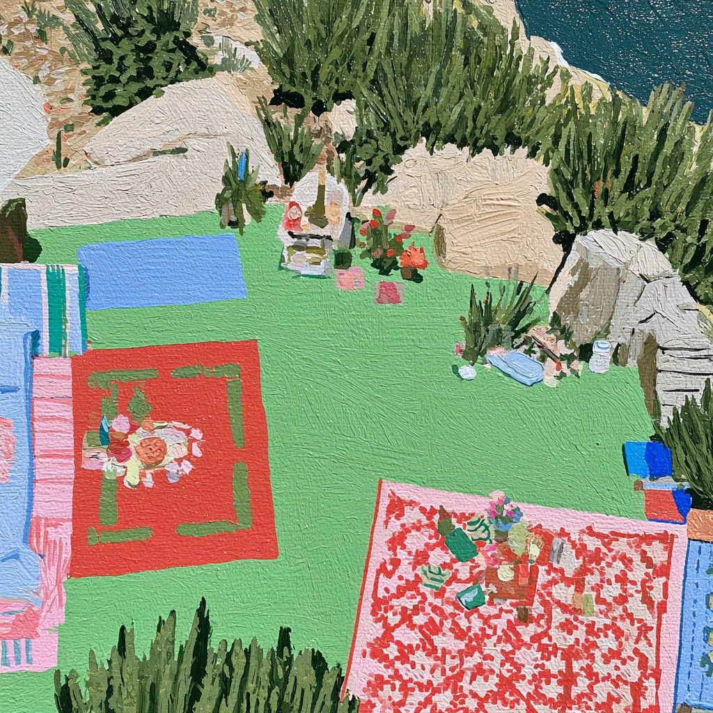 Colorful picnic rugs and small arrangements on a green clearing among pale coastal rocks.