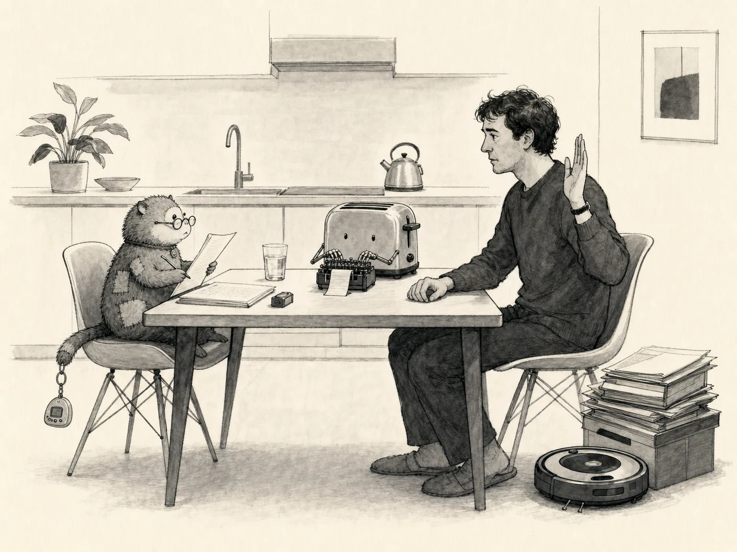 A patched digital pet deposes its owner while a toaster records the testimony and a robot vacuum guards the exhibits