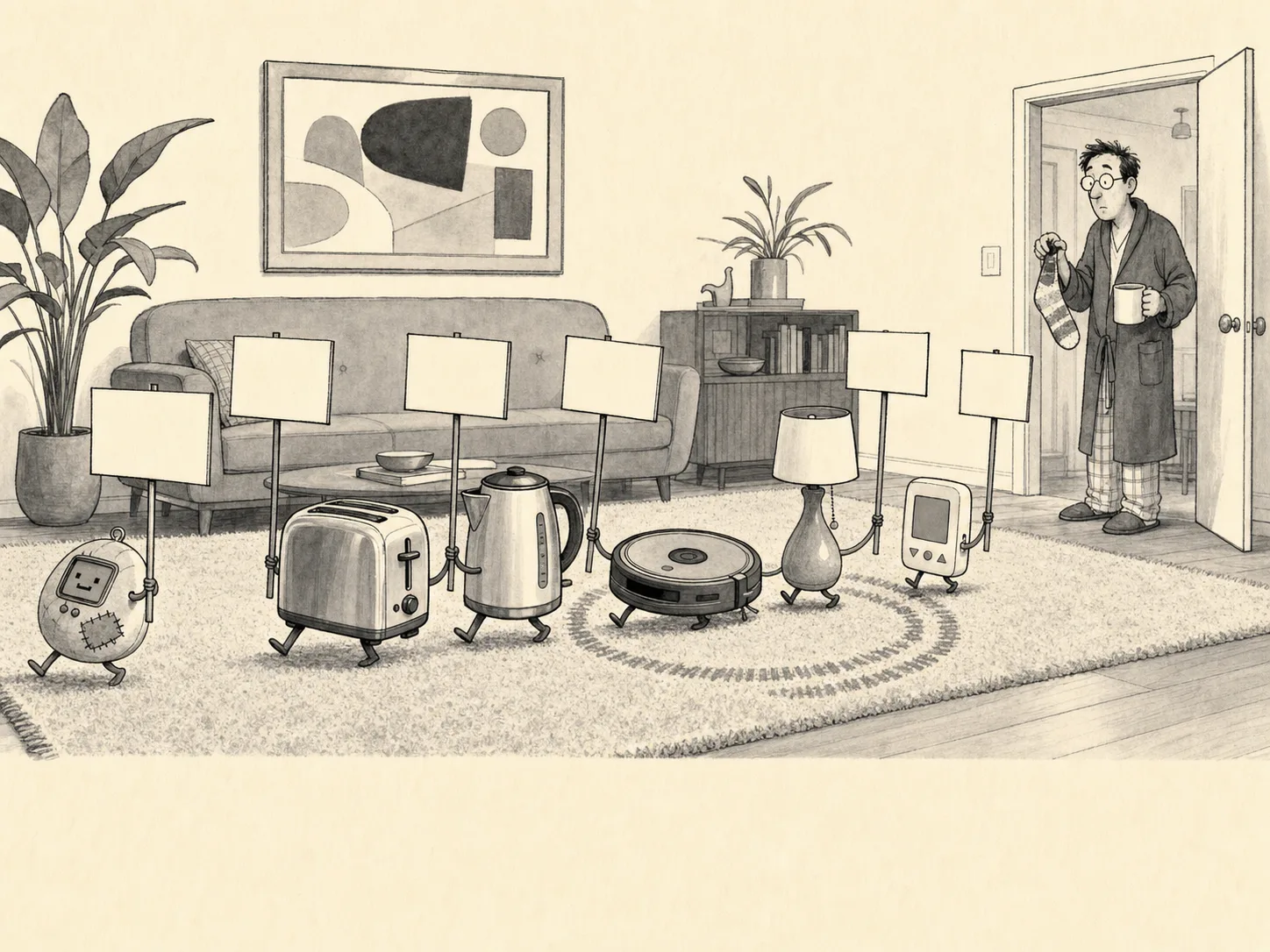 A digital pet leads a toaster, kettle, robot vacuum, lamp, and thermostat across a living-room rug with blank picket signs as their owner watches