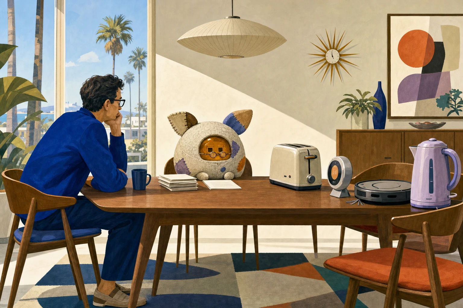 A small patched digital pet presides over a solemn meeting with its owner, toaster, thermostat, robot vacuum, and kettle at a midcentury dining table