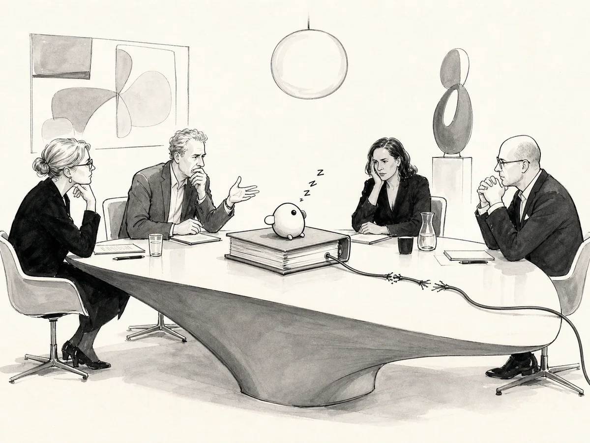 Four serious committee members debate around a modernist table while a small digital creature sleeps on their binder beside a chewed cable