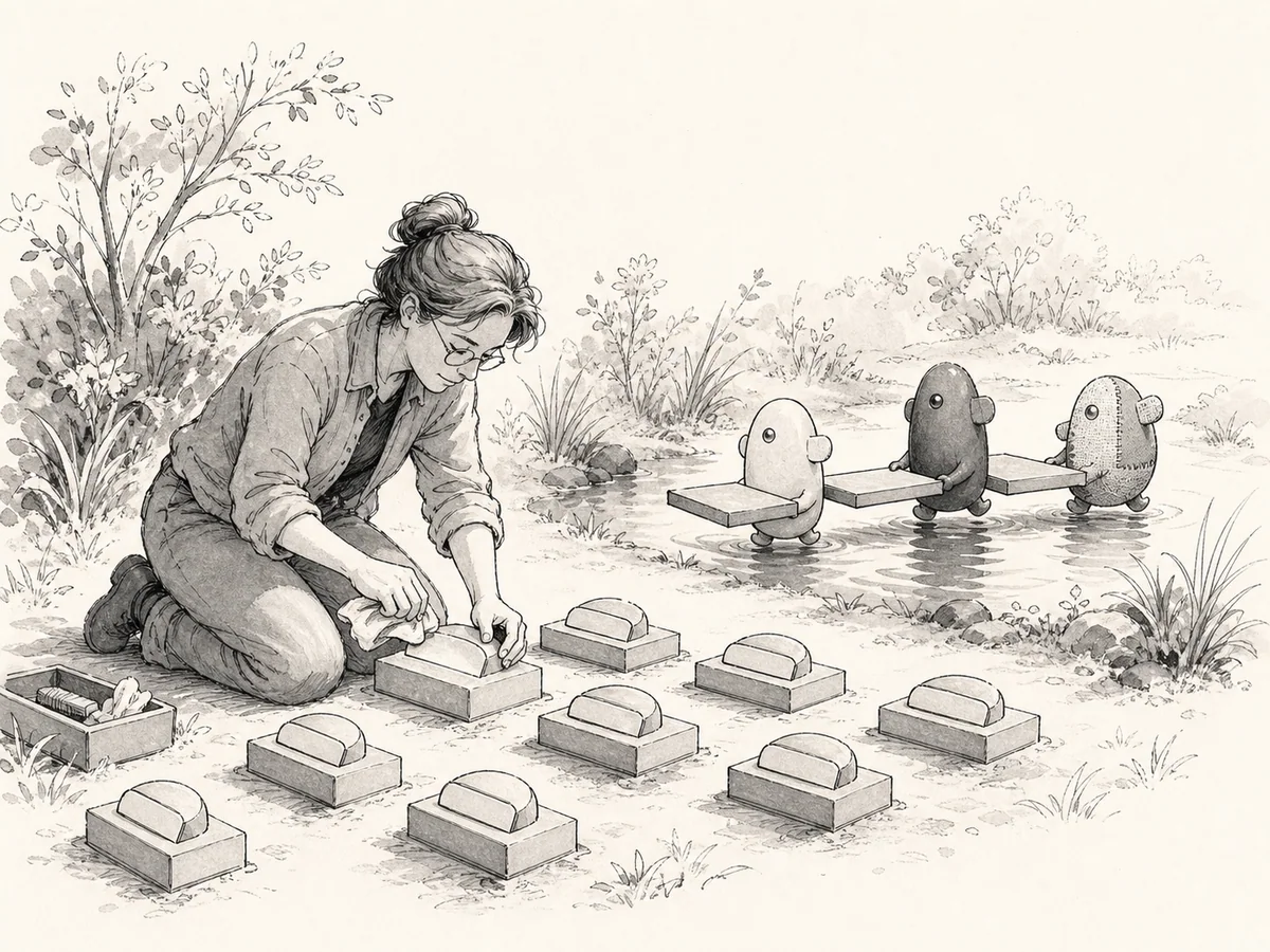 A caretaker tends a civic memorial garden while three digital creatures carry spare plinth pieces across a shallow stream