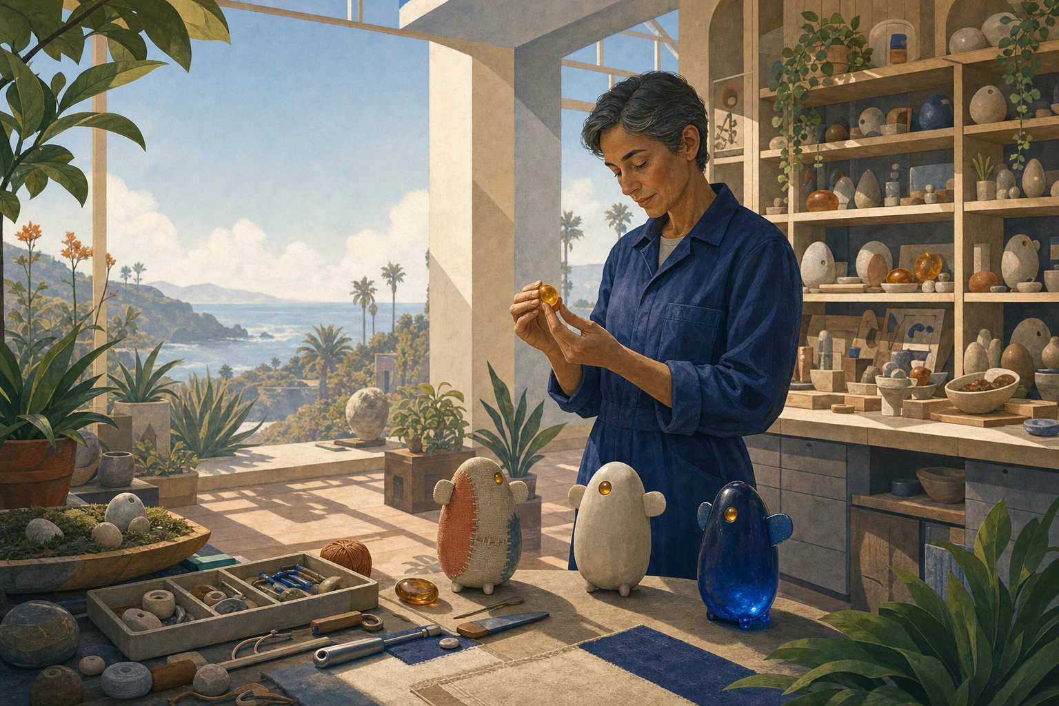 An adult archive keeper holds a glowing amber memory seed in a coastal greenhouse workshop while three repaired digital creatures gather nearby