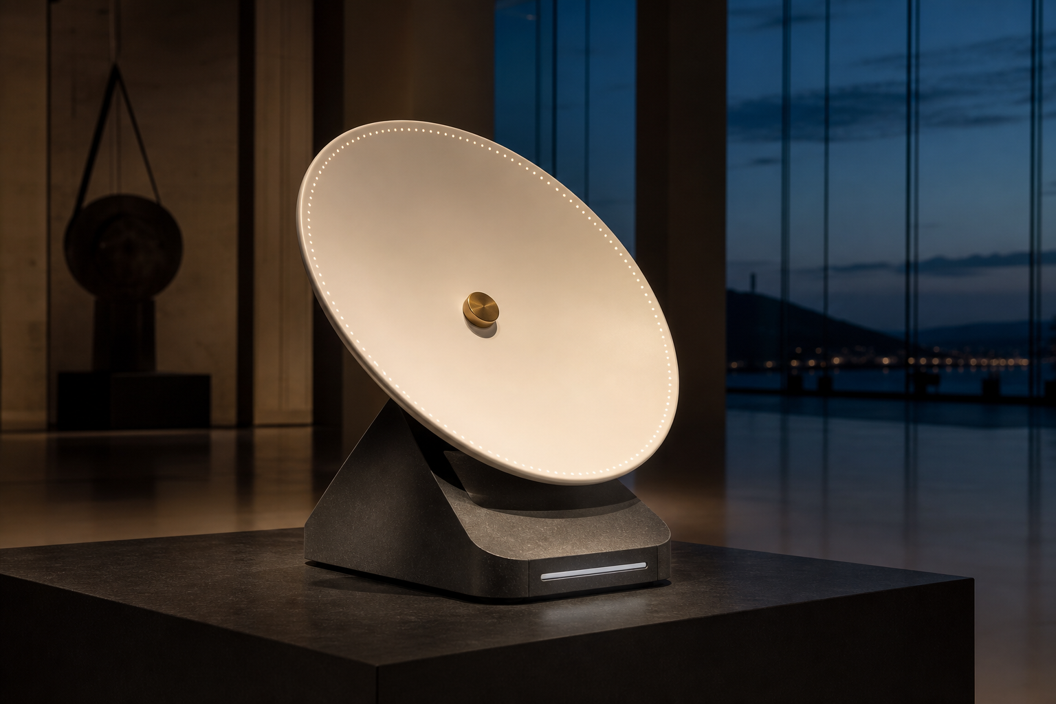 Concept rendering of a sculptural cream signal dish on a dark desktop overlooking the coast at blue hour.