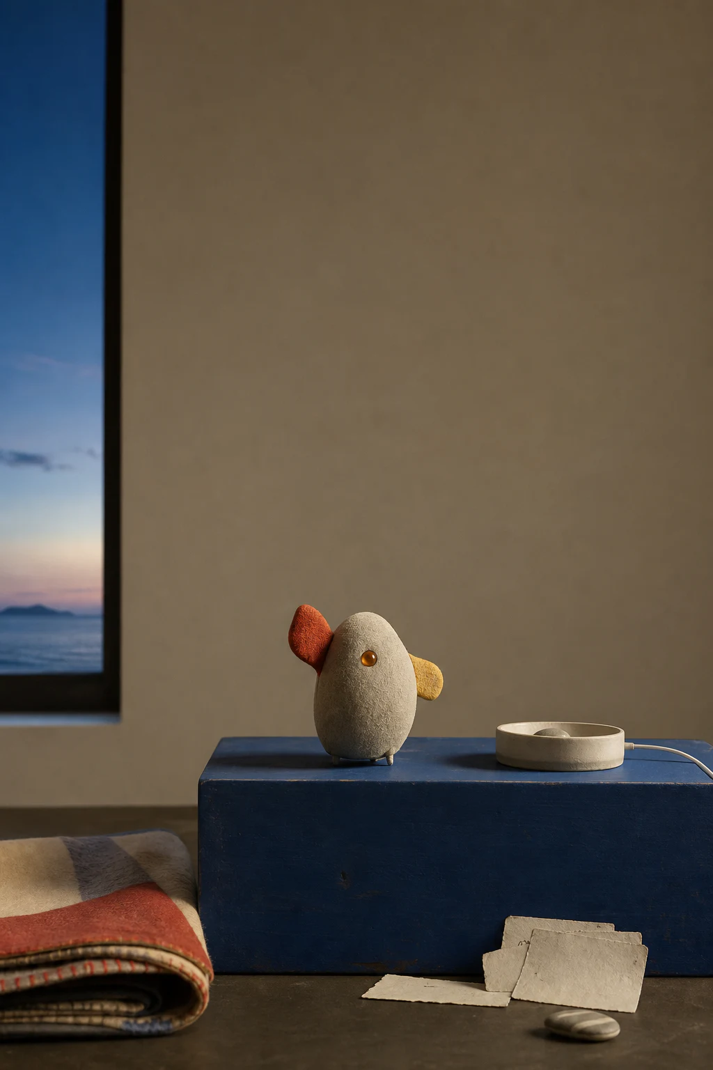 A soft bone-colored digital creature with asymmetrical persimmon ears in a cobalt room