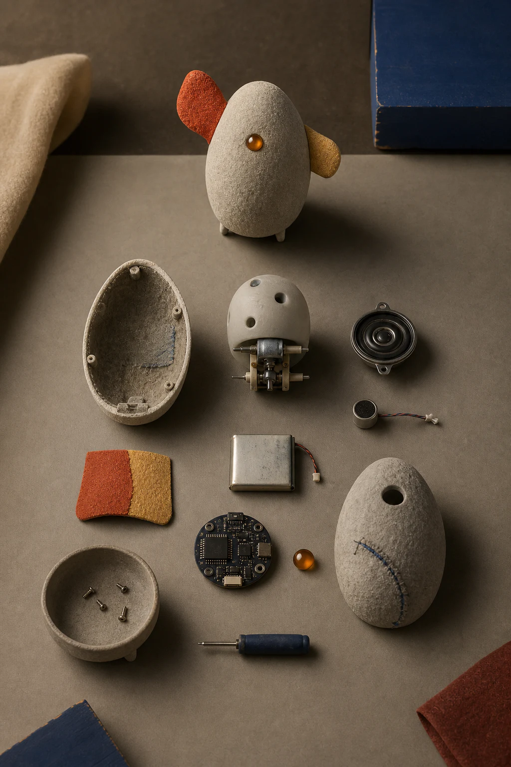 Exploded editorial study of a soft bone-colored digital creature showing repairable layers and bright internal modules