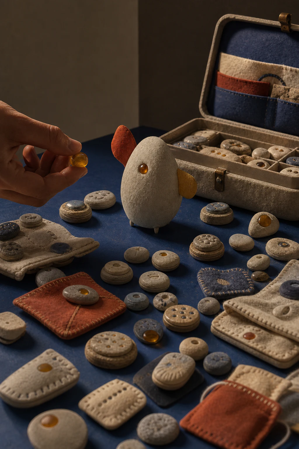 A soft digital creature sitting beside translucent amber memory modules in a cobalt archive room