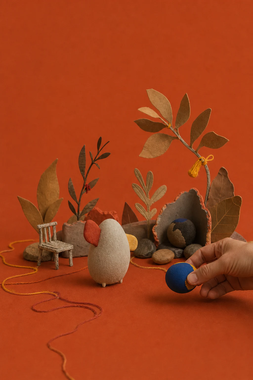 The recurring soft digital creature turns away among oversized cobalt and persimmon flowers