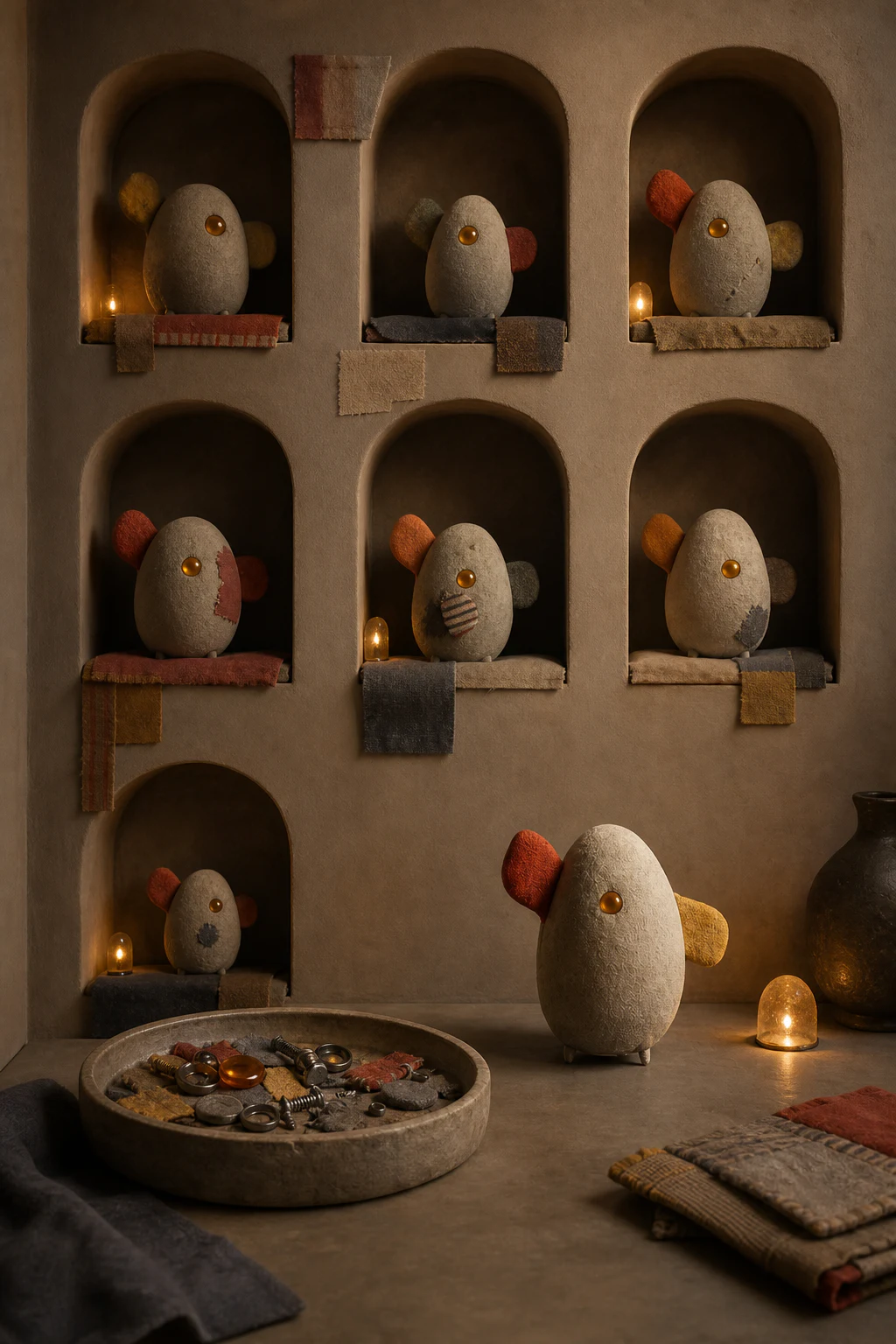 A quiet memorial room where the recurring creature rests among translucent amber memory stones