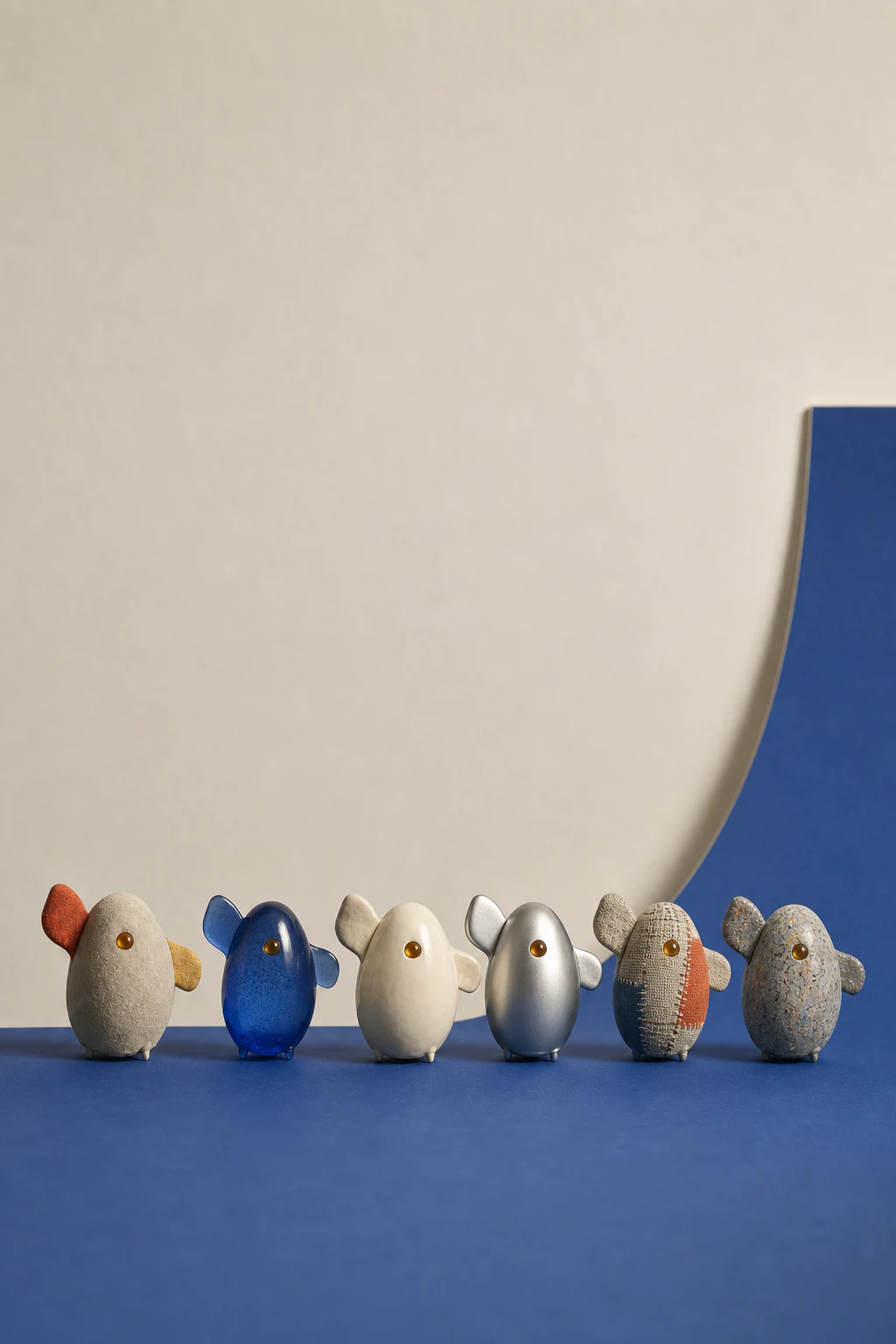 Six editions of the same soft digital creature arranged as a bright radical-design publishing family