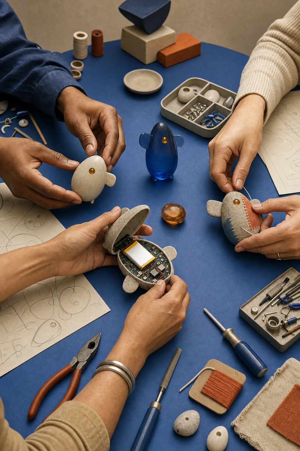 Adult hands repair and assemble several small digital creatures around a cobalt work table
