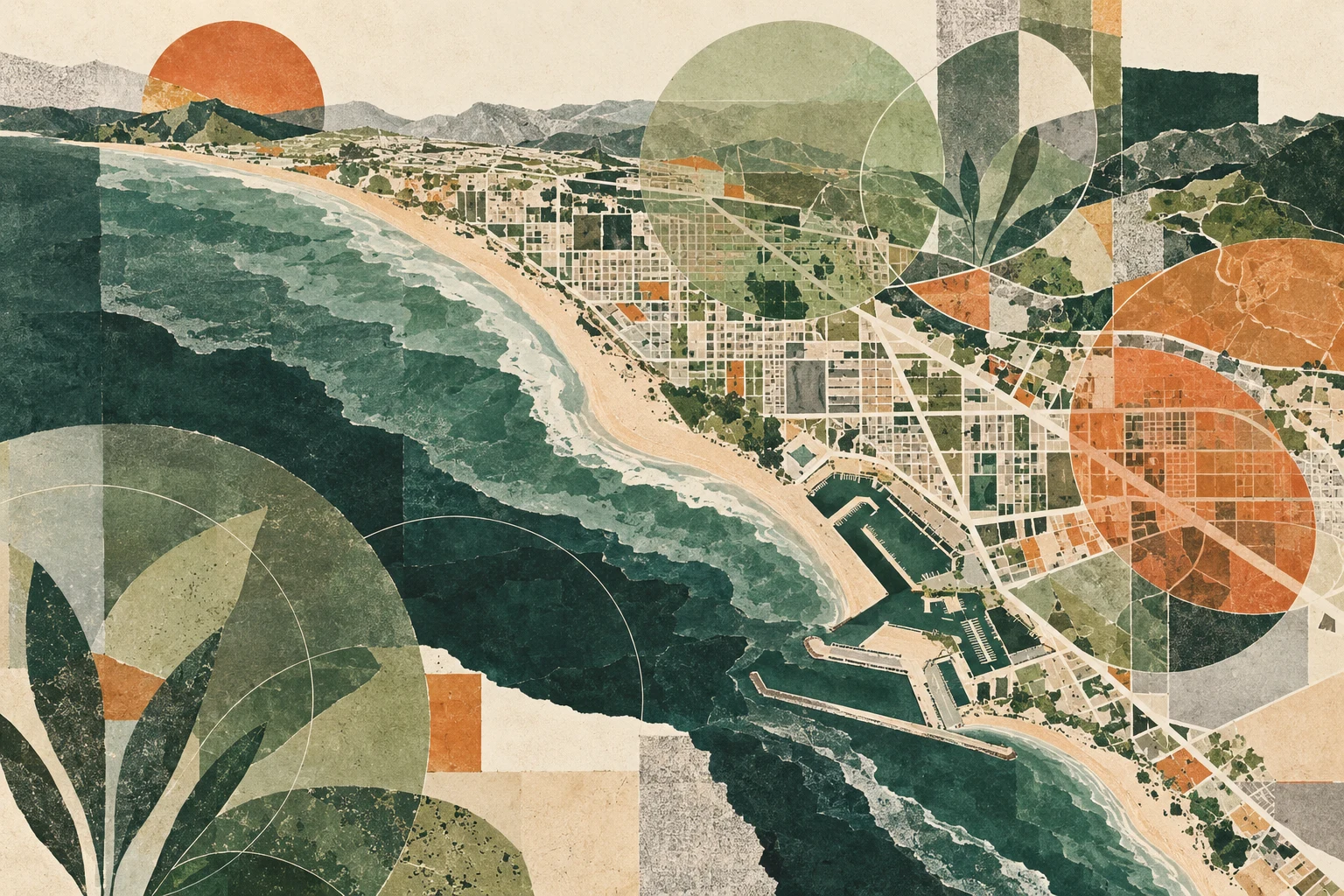 Original cut-paper illustration of a coastal city layered with mineral green and rust circles.