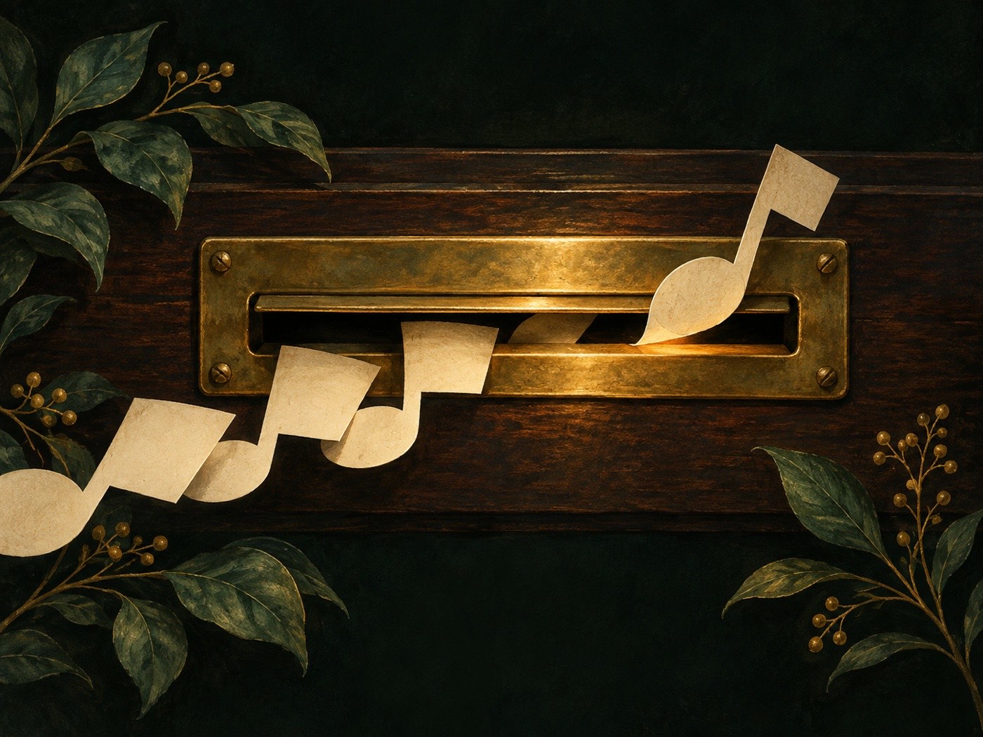 A brass mail slot in a dark wooden panel with small paper cards shaped like musical notes sliding through, one coming back out.