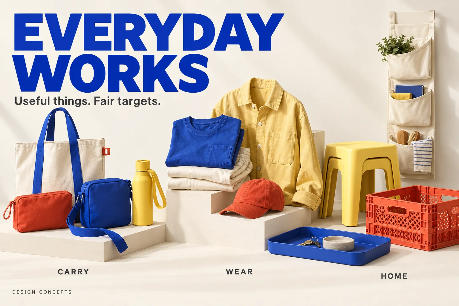 An illustrative collection of useful everyday clothes, bags and home objects in cobalt, tomato and butter yellow