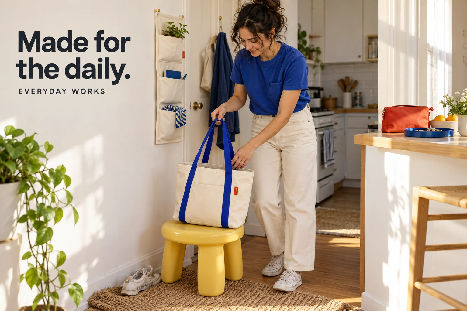 Concept illustration: an adult in a cobalt tee and cream trousers picks up a canvas tote in a sunny apartment entry