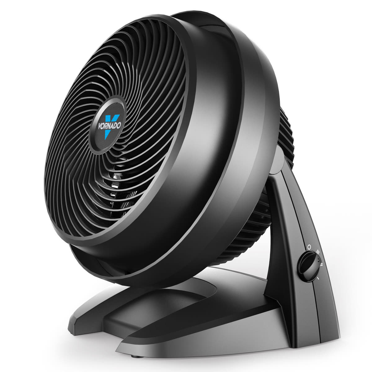 Black Vornado 630 medium air circulator on a white ground, the maker photograph used as this guide’s image