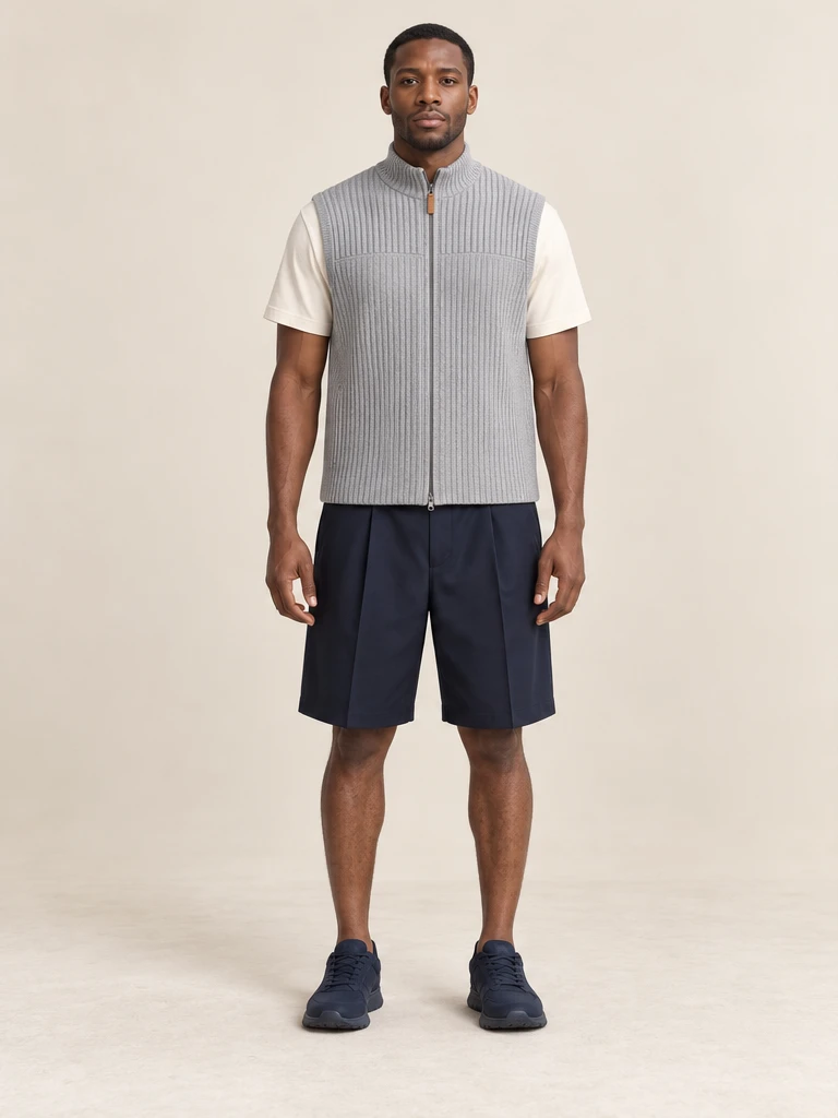 Original AI-generated independent concept, look 05: Silver rib zip vest, ivory short-sleeve base layer, navy pleated Bermuda shorts and dark trainers., front view.
