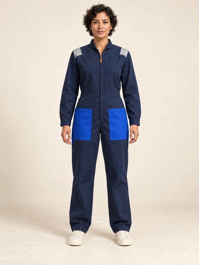Original AI-generated independent concept, look 06: Relaxed navy zip jumpsuit with silver shoulder band, cobalt patch pockets and ivory trainers., front view.