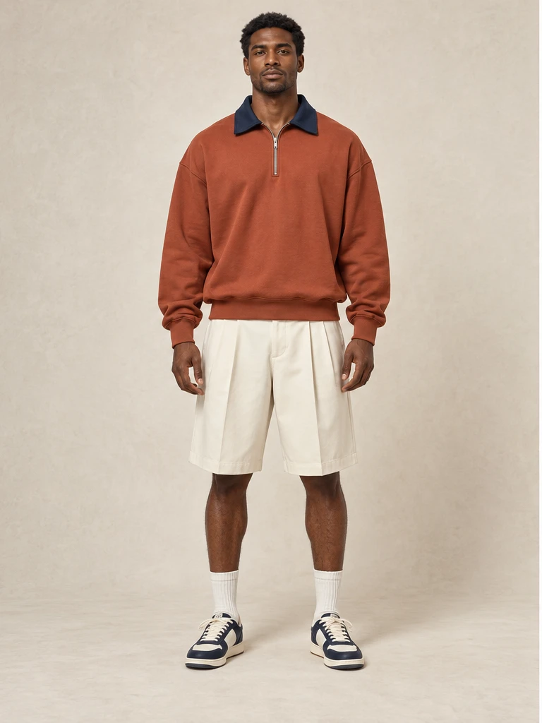 Original AI-generated independent concept, look 07: Terracotta zip rugby, navy collar, ivory elbow patches, pleated ivory long shorts and navy/ivory trainers., front view.