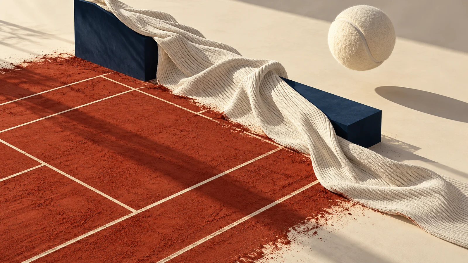 Original interpretive artwork of a clay tennis court, cream rib-knit drape, navy plinth and suspended ivory tennis ball.