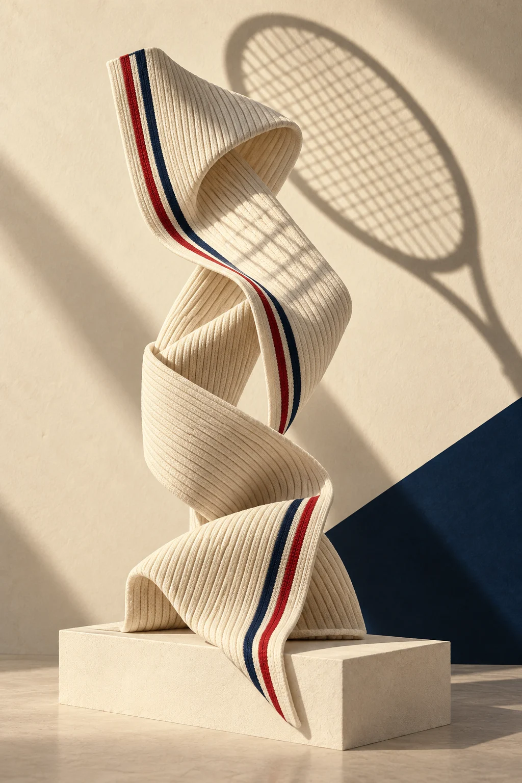 Original interpretive artwork: ivory rib-knit sculpture with red and navy stripes and a tennis-racquet shadow.