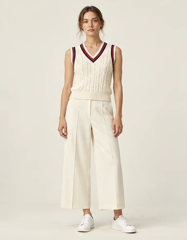 AI-generated independent concept, look 02: Bordered cable-knit vest · wide cropped trouser, front view.