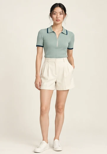 AI-generated independent concept, look 09: Seafoam rib zip polo · tailored ivory short, front view.