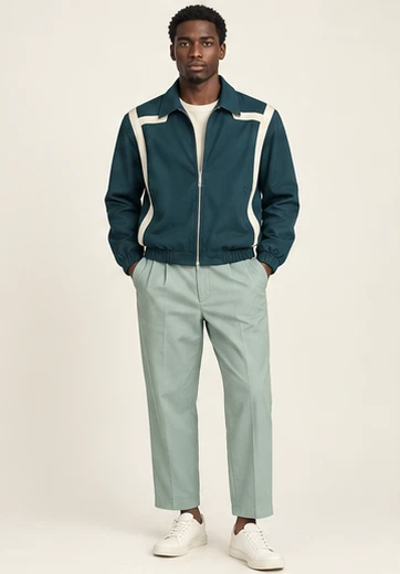 AI-generated independent concept, look 10: Teal panel jacket · seafoam cropped trouser, front view.