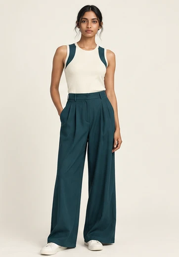 AI-generated independent concept, look 11: Ivory panel tank · deep-teal wide trouser, front view.