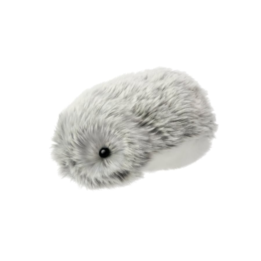 Silver-grey furry Moflin robot, oval and palm-sized, with one small black eye visible