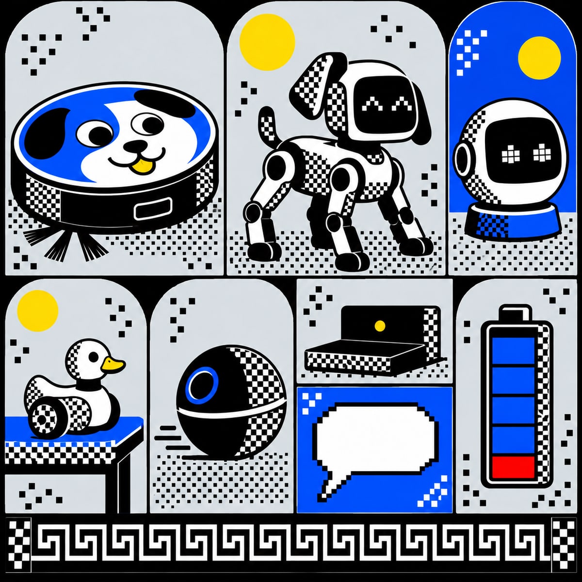 A pixel-dithered specimen sheet of home robots in black, cobalt and yellow: a round floor robot with a cartoon dog face on its top, a four-legged robot dog, a round desk robot with pixel eyes, a small duck robot on a table, a rolling sphere robot, a charging dock, an empty speech bubble, and a battery with one red bar.