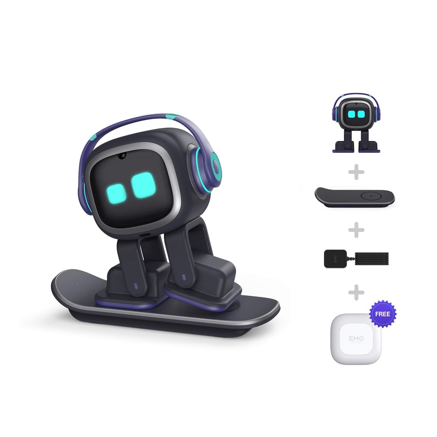Small black EMO robot wearing headphones, standing on a skateboard charging base, with the base, cable and smart light shown beside it