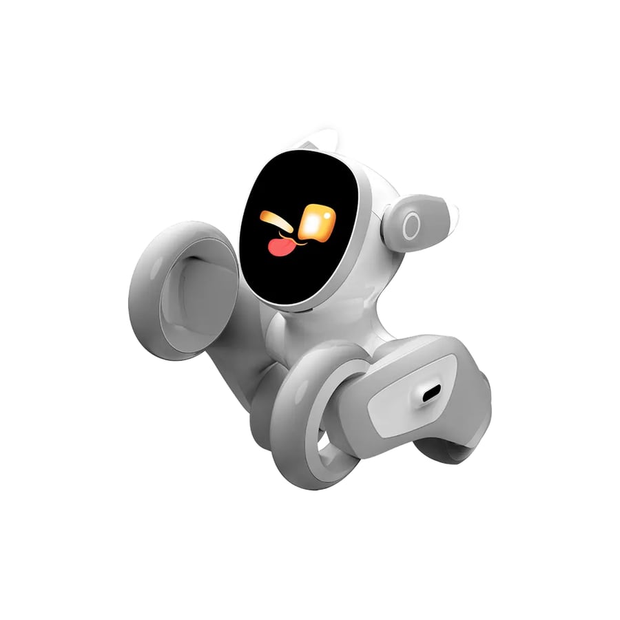 White Loona robot pet on two wheels with a black screen face showing a playful expression