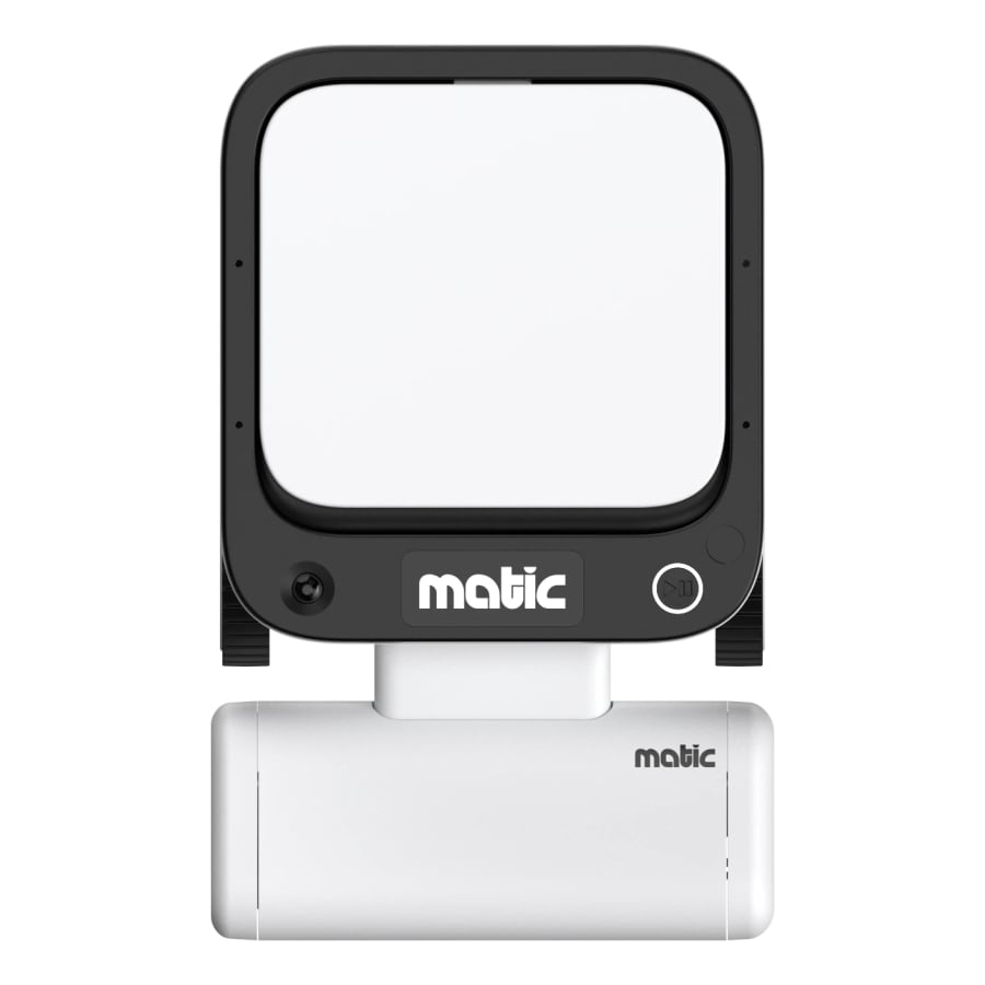 White Matic floor robot seen from the front: a square upright body with a camera and a round button, above a flat white cleaning head