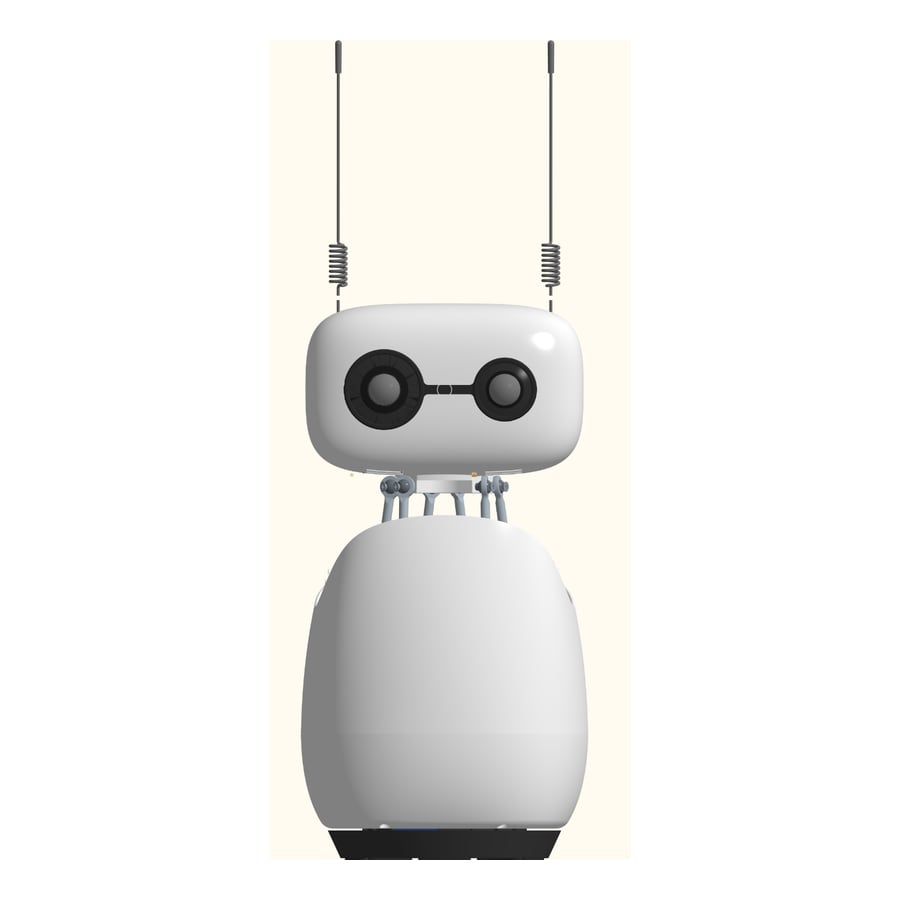 Front render of the white Reachy Mini robot: a rounded head with two big black camera eyes, two thin antennas, on an egg-shaped body
