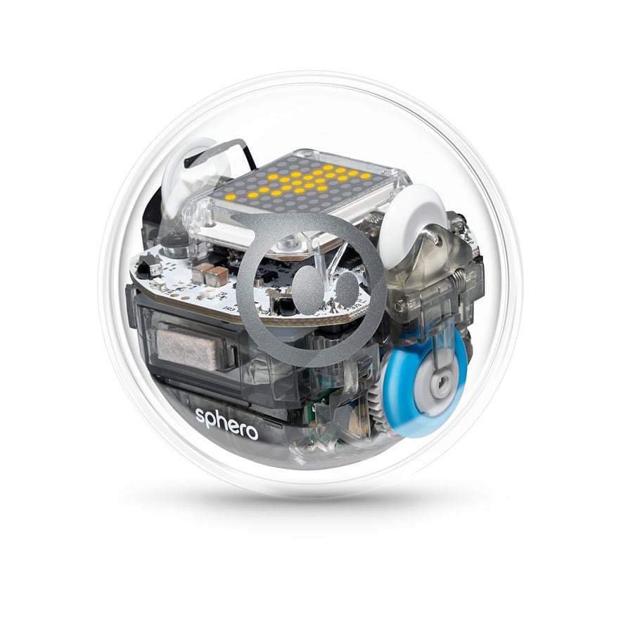 Transparent Sphero BOLT ball with visible circuit board, wheels and a grid of yellow LEDs inside