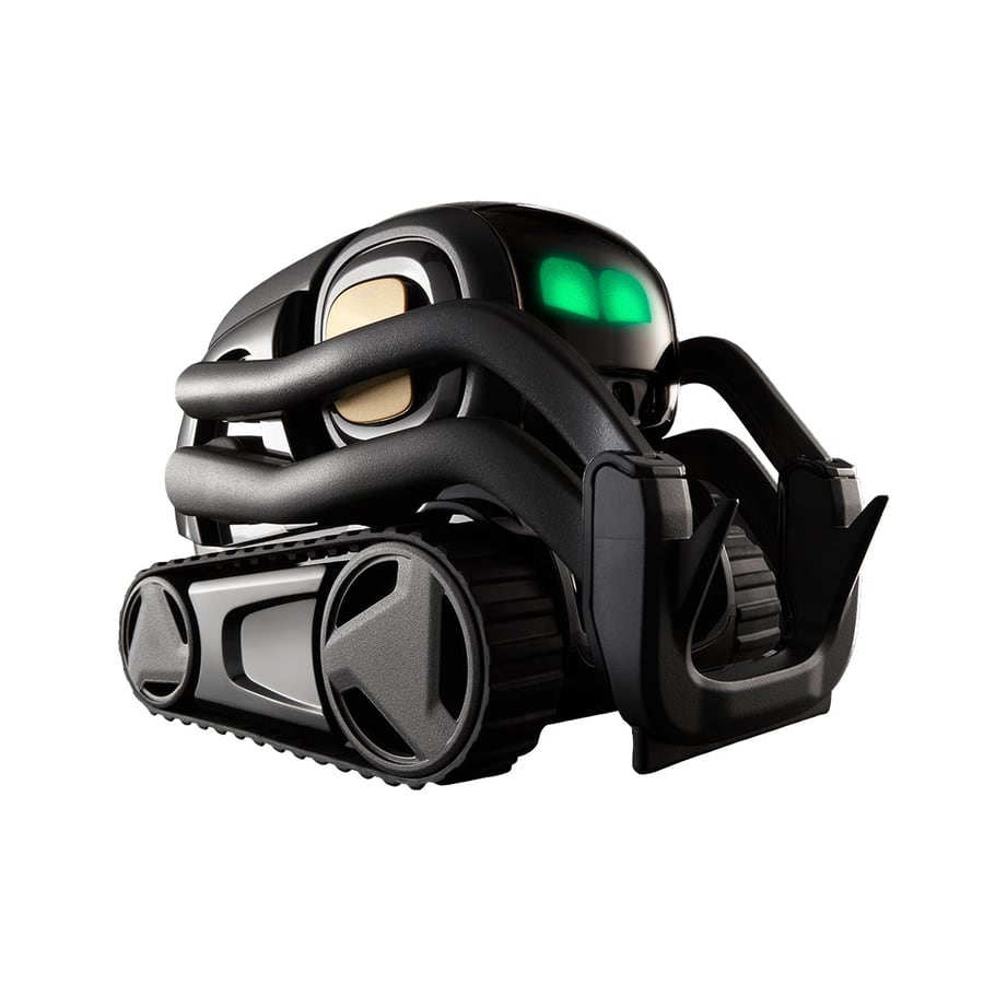 Small black Vector robot on treads with a forklift-style lift, green rectangular eyes on its screen