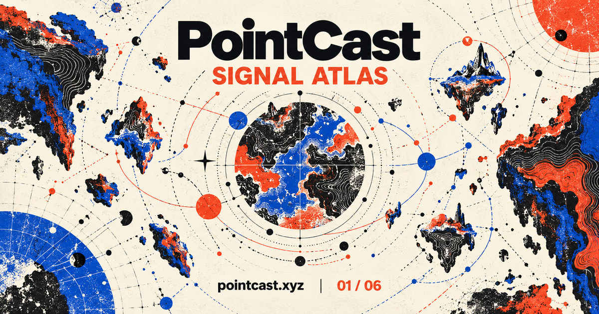PointCast Signal Atlas: cobalt and vermilion cartographic islands with radial signal rings on ivory.