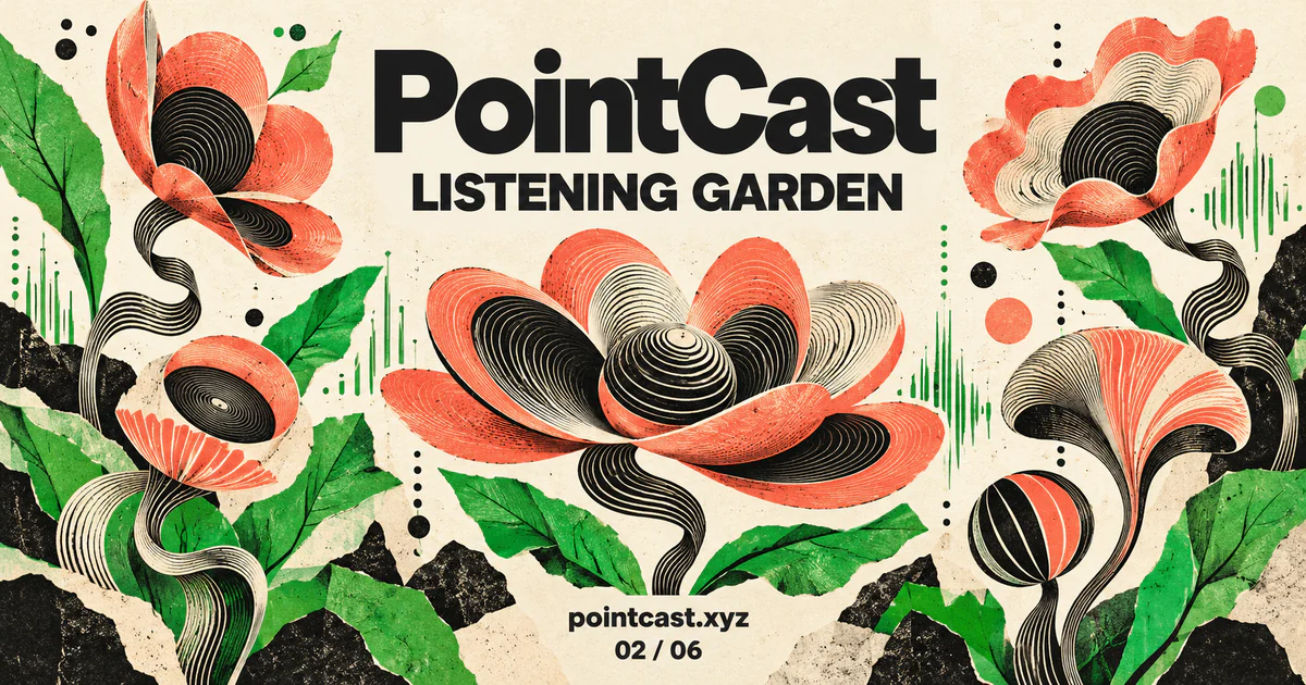 PointCast Listening Garden: coral flowers made from record grooves and green leaves on ivory.