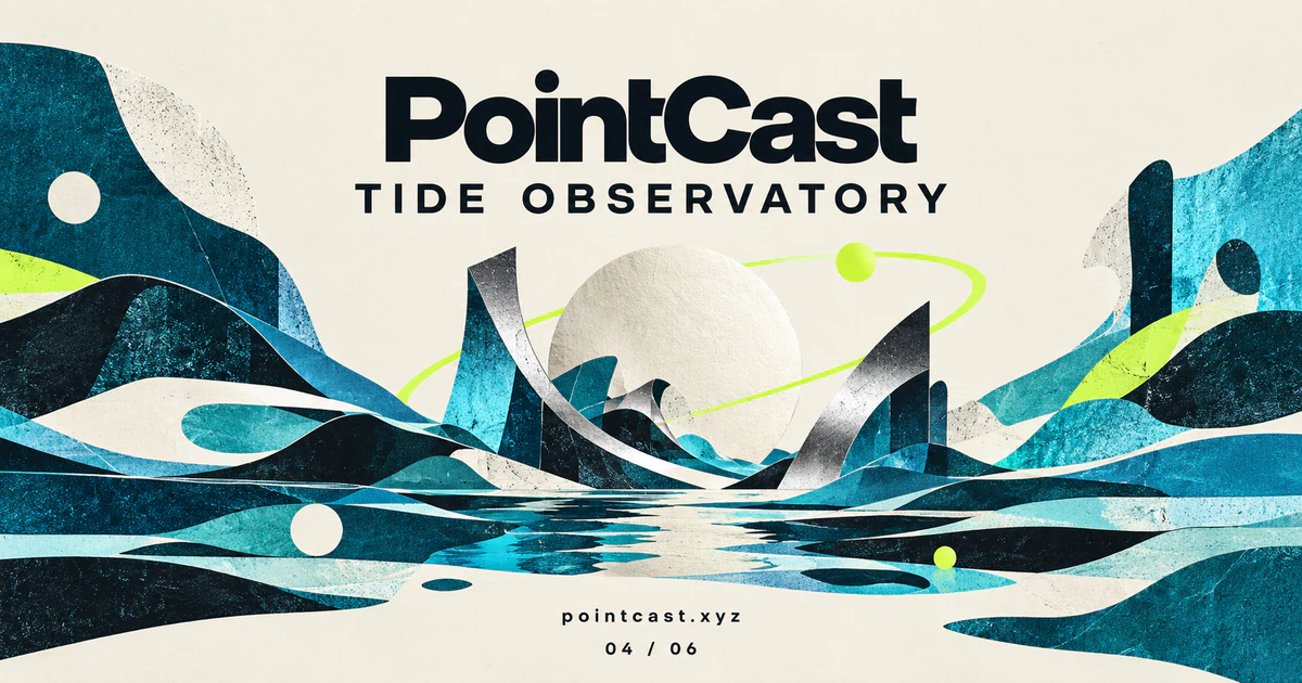 PointCast Tide Observatory: teal paper waveforms, a cream moon, and a lime orbital ring.