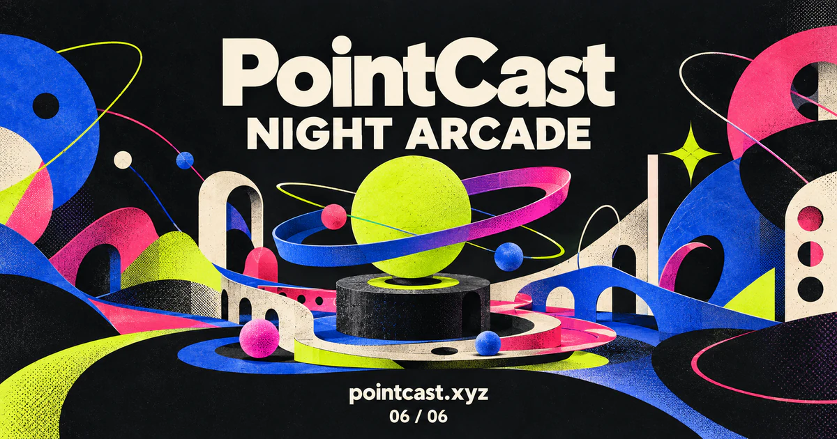 PointCast Night Arcade: a neon chartreuse planet with a magenta ring, cobalt shapes, and ivory portals on black.