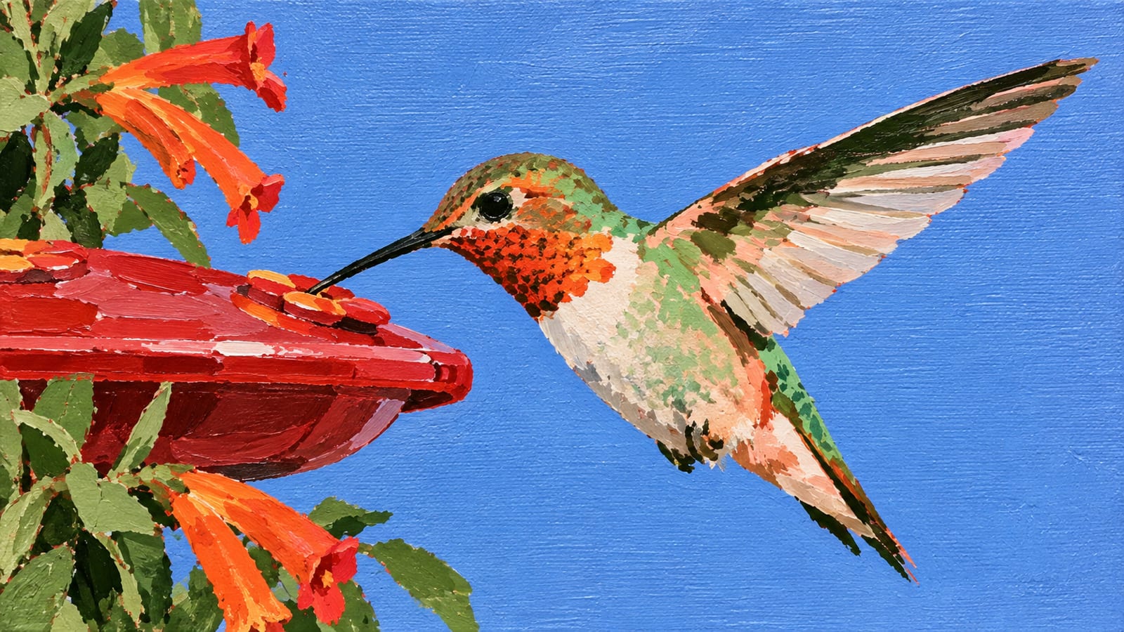 Painting of a hummingbird at a red saucer feeder